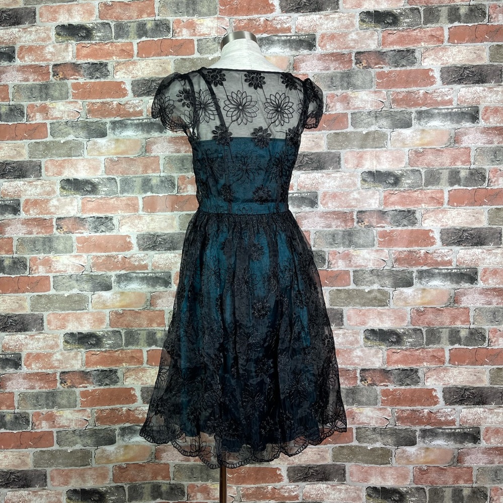 Voodoo Vixen Retro Pin Up 50s May Teal Lace Overlay Taffeta Dress - Picture 7 of 8